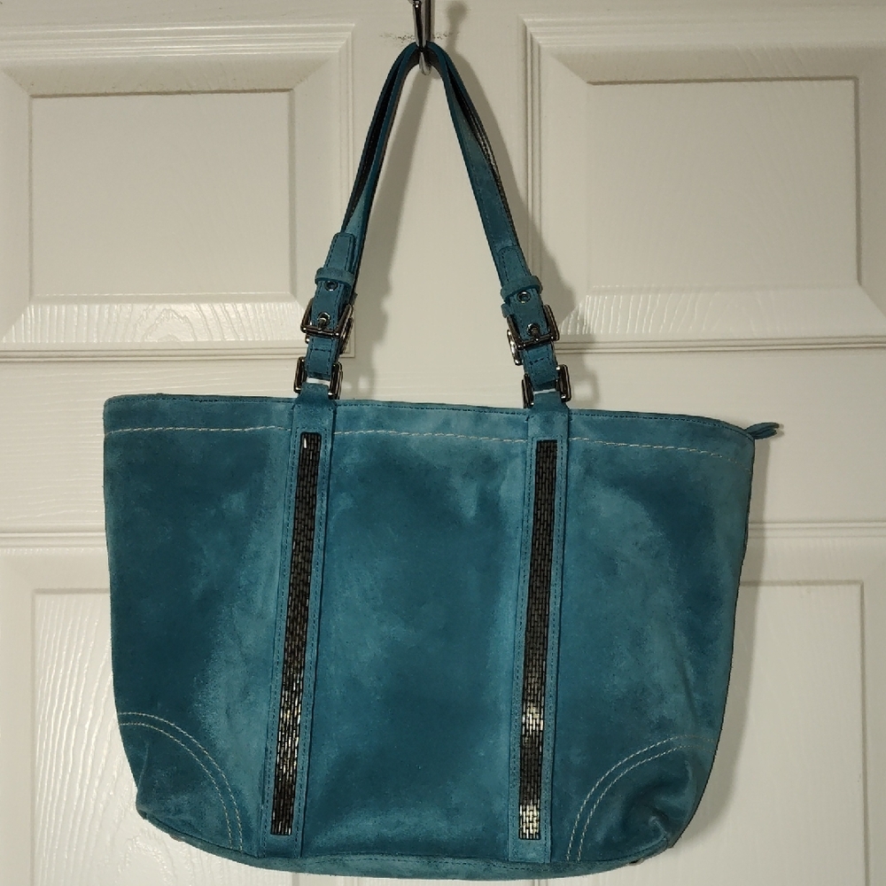 Coach 8B31 Torqoise Blue Suede Tote Gunmetal Beaded Zipper Shoulder Bag - Picture 15 of 17